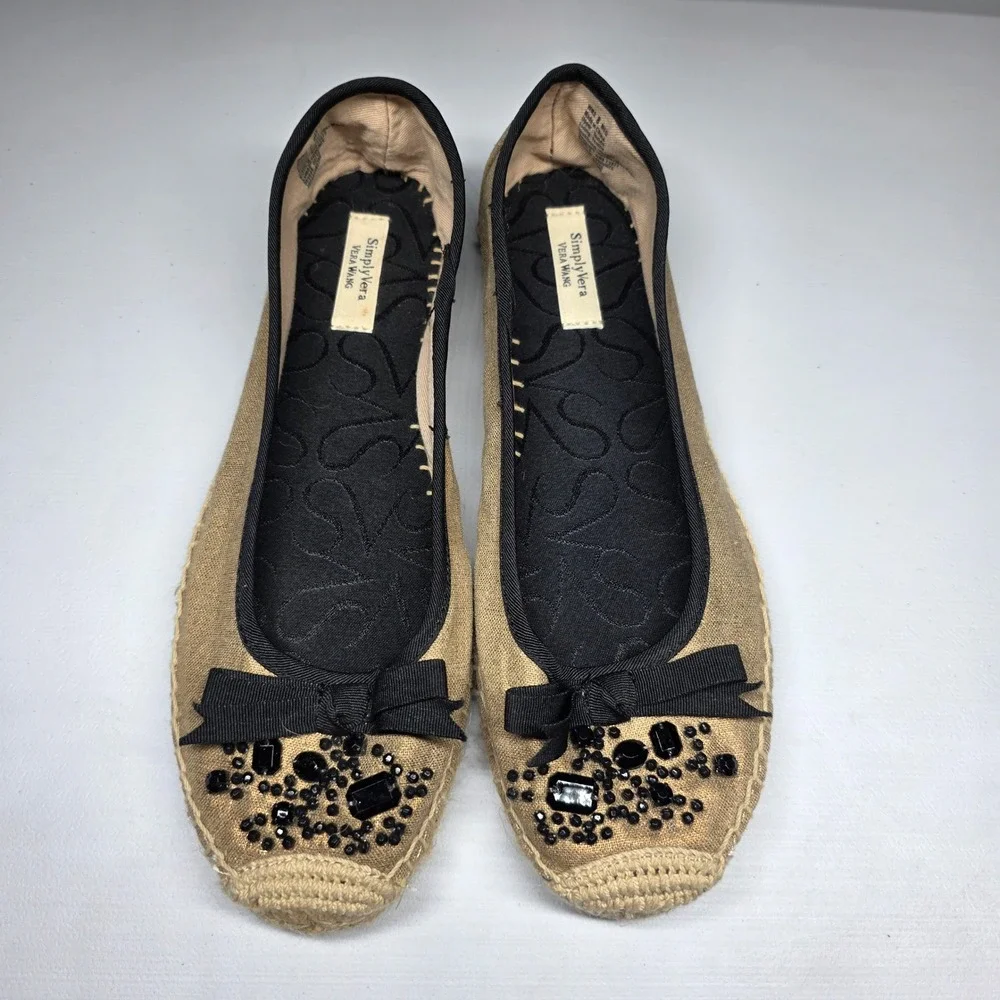 Simply Vera Vera Wang Gold Espadrille Flats Beaded Bow Ballet Shoes Womens 8